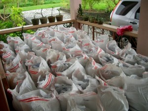 台風レミン、袋詰めされた大量の支援物資